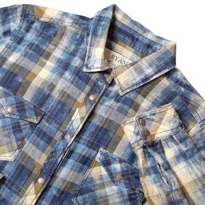 Ryan Michael Womens M Plaid Shirt Dress Blue Western Pearl Snap Fringe Hem Ranch
